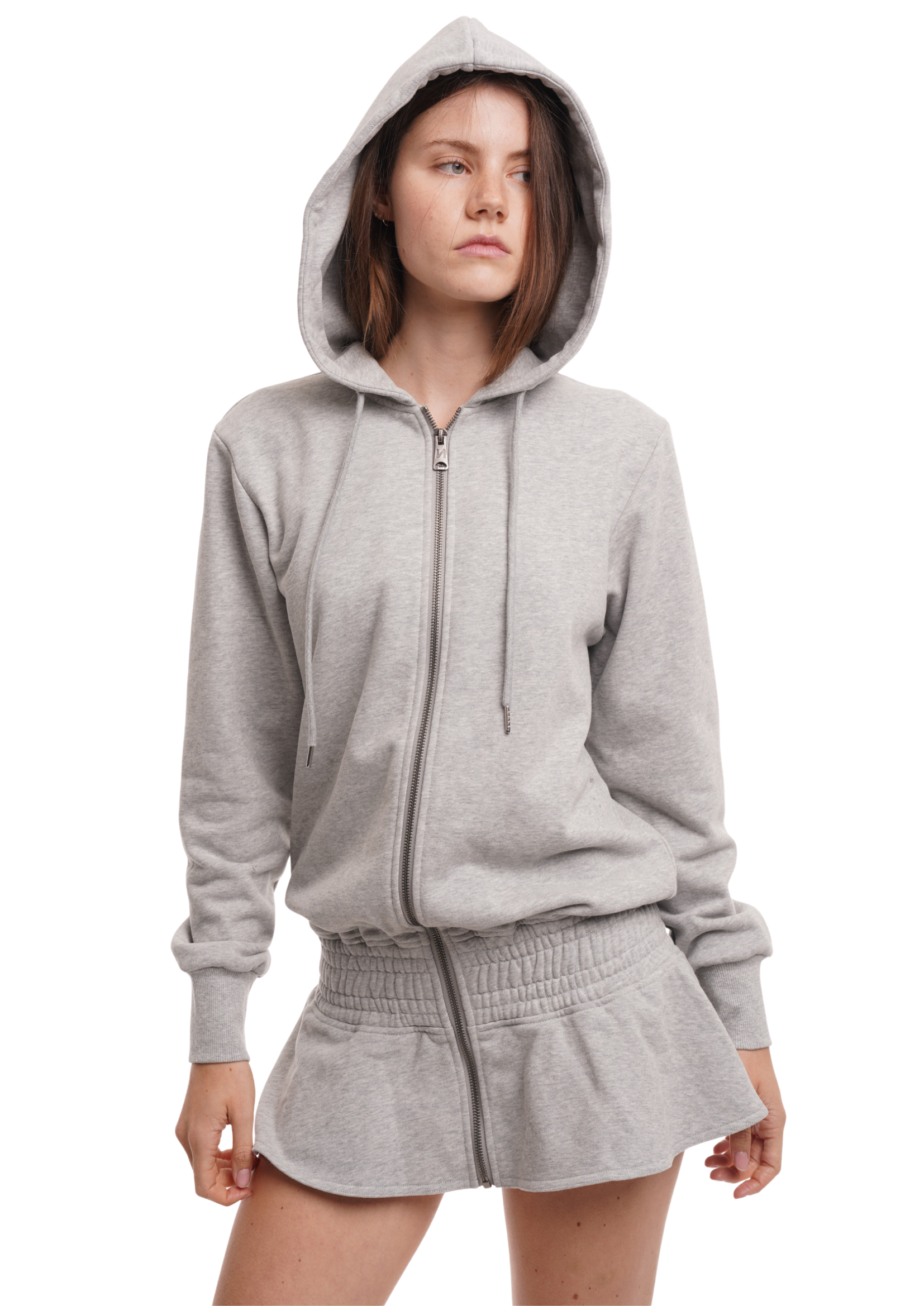 THE FRILLED HOODIE DRESS IN GREY MARL