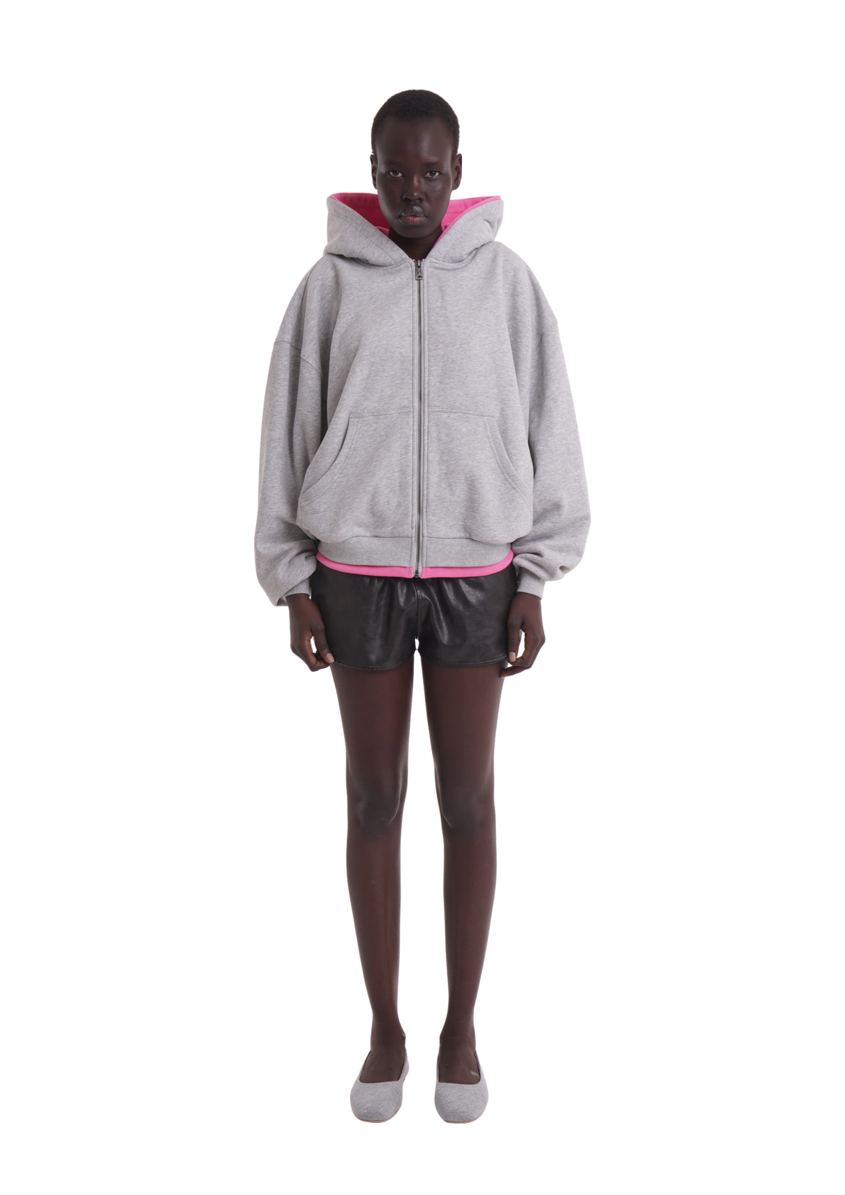LAYERED ZIP UP HOODIE IN GREY & PINK