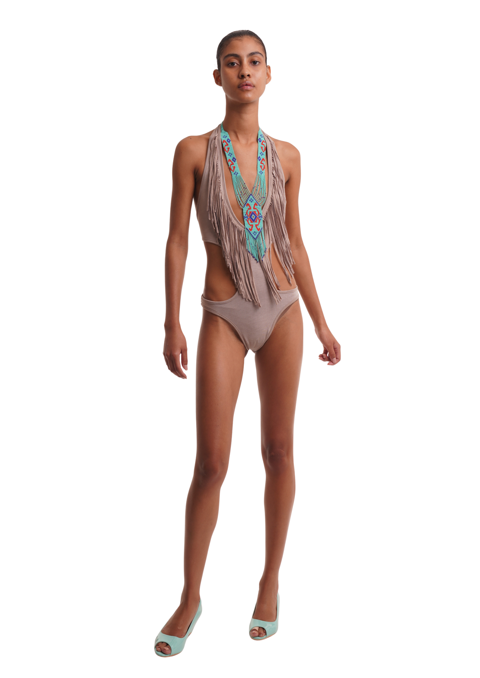 FRINGE BODYSUIT IN SAND