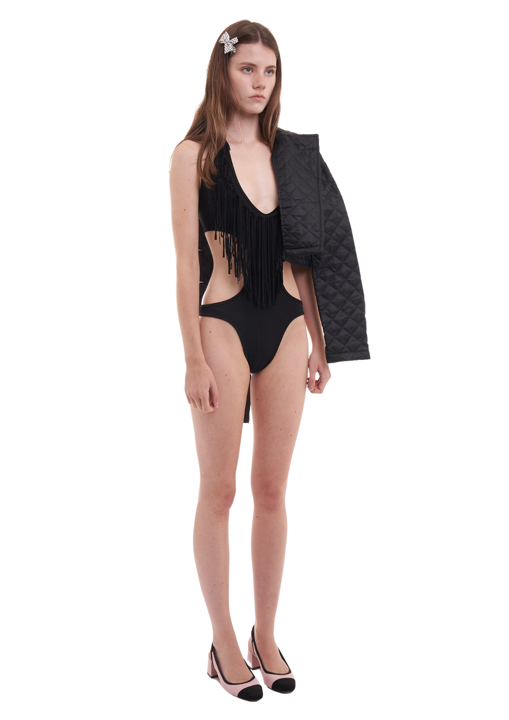 FRINGE BODYSUIT IN BLACK