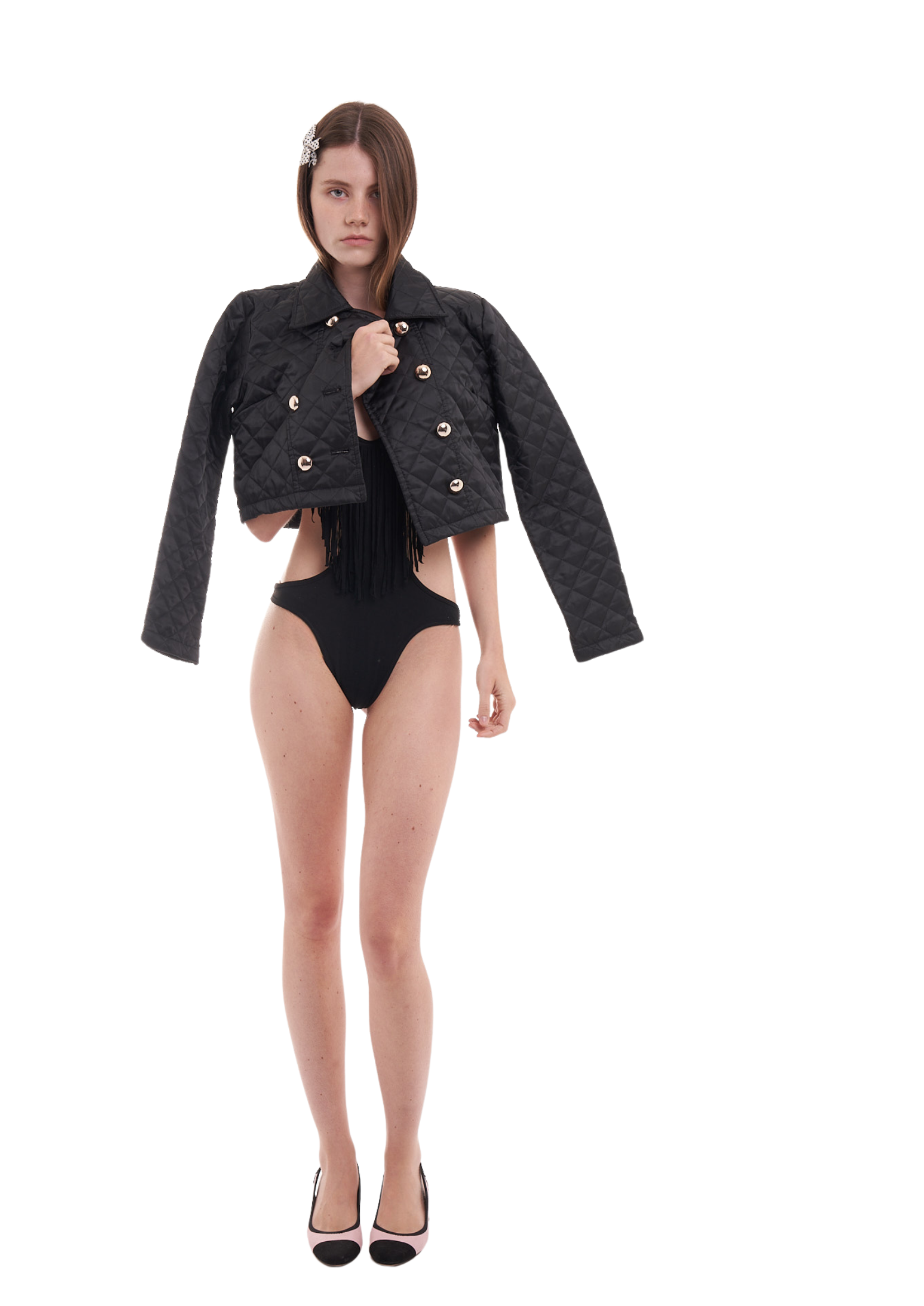 FRINGE BODYSUIT IN BLACK