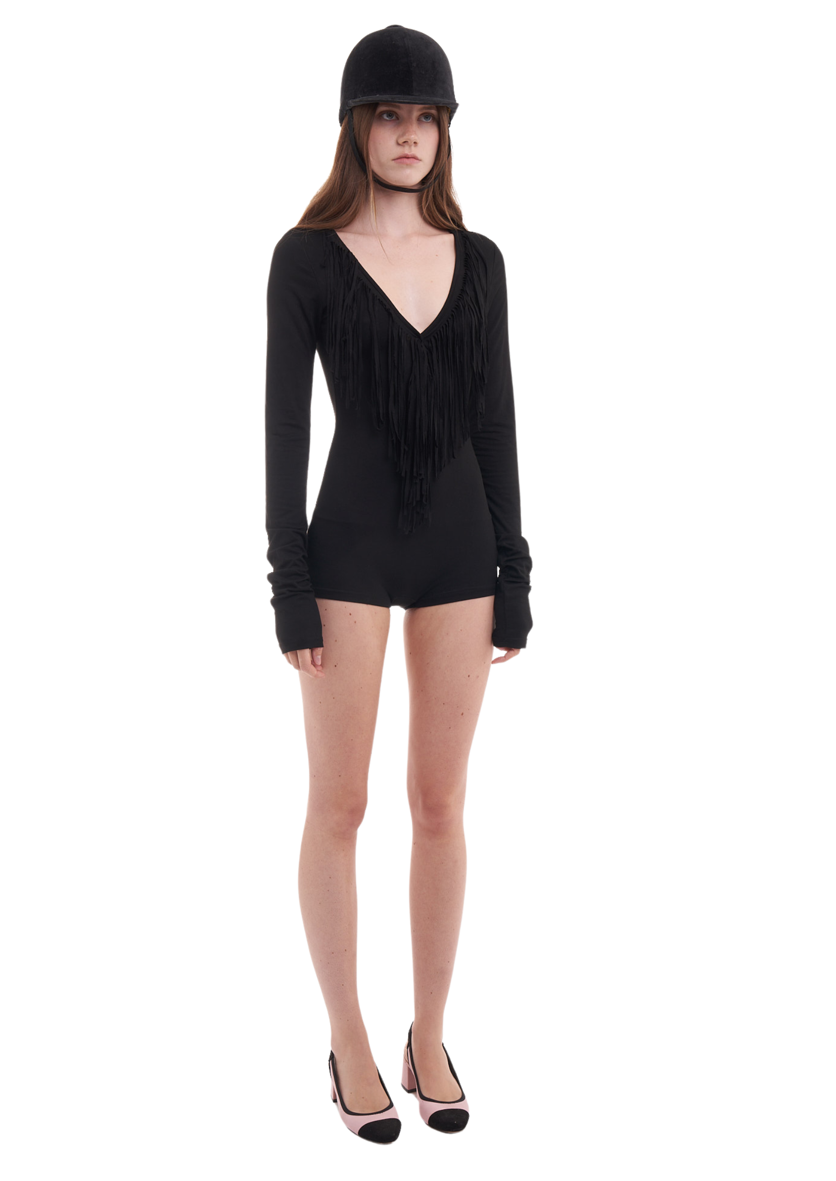 FRINGE LONG-SLEEVE PLAYSUIT IN BLACK