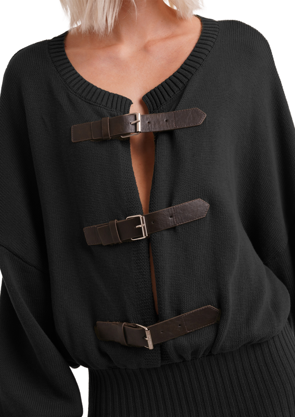 THE BUCKLE CARDIGAN DRESS IN BLACK