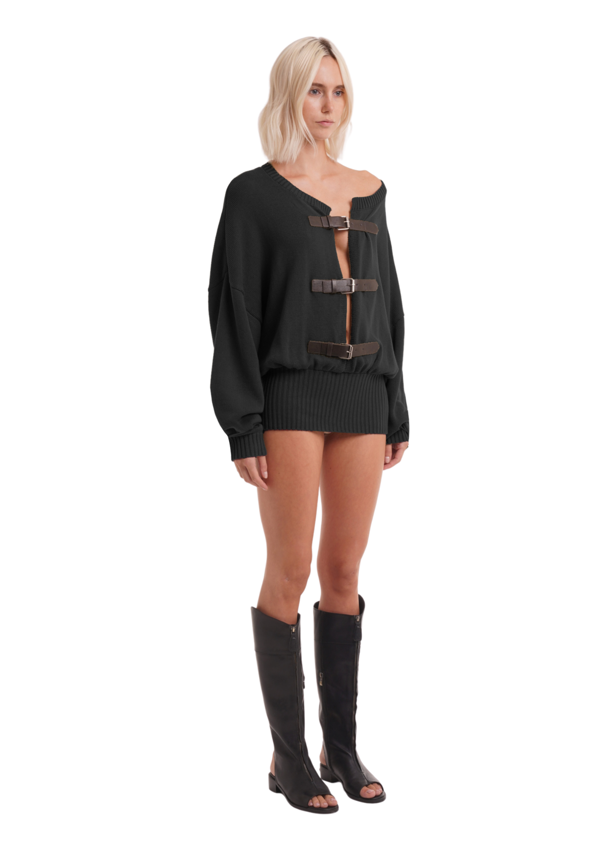 THE BUCKLE CARDIGAN DRESS IN BLACK