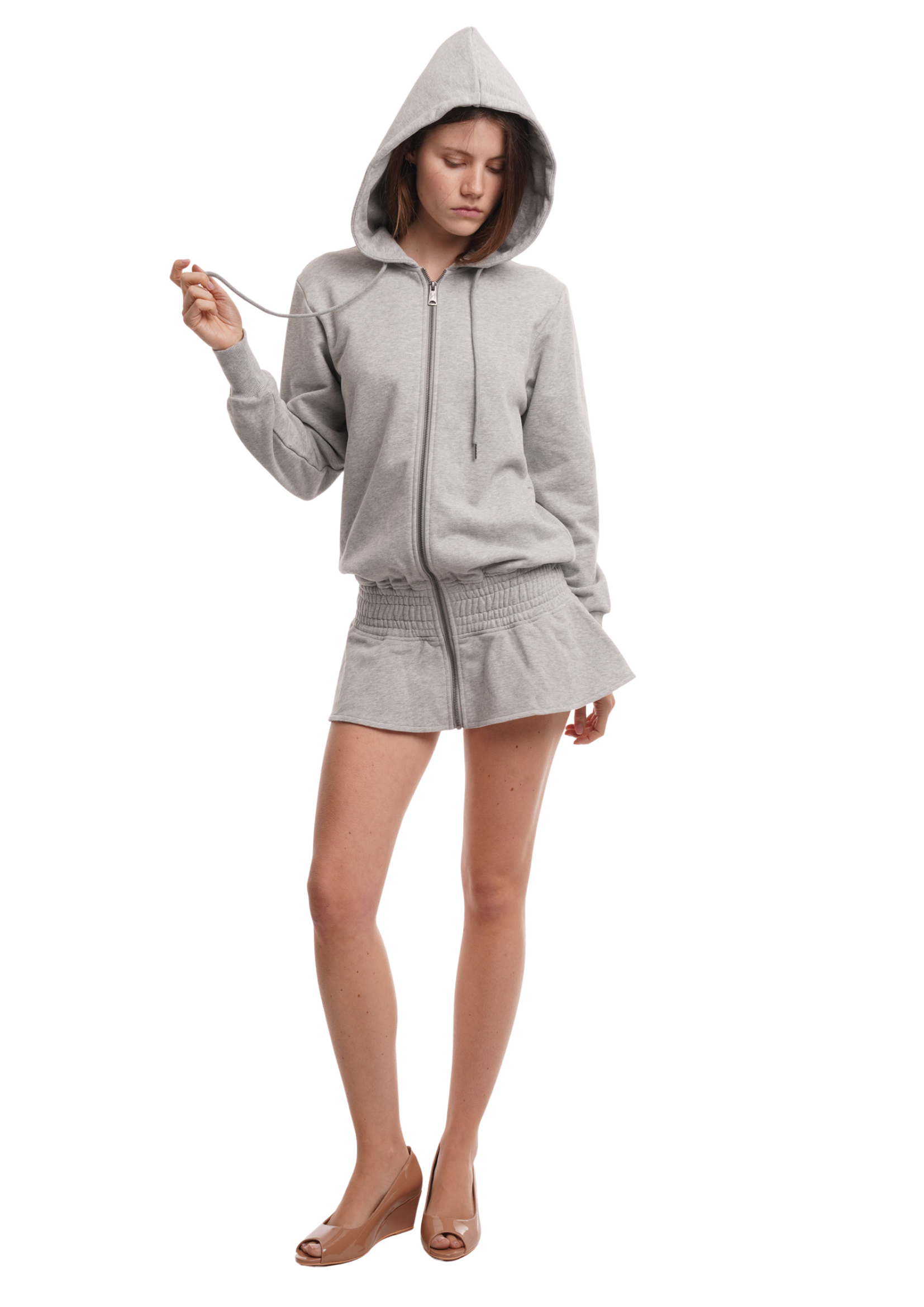THE FRILLED HOODIE DRESS IN GREY MARL