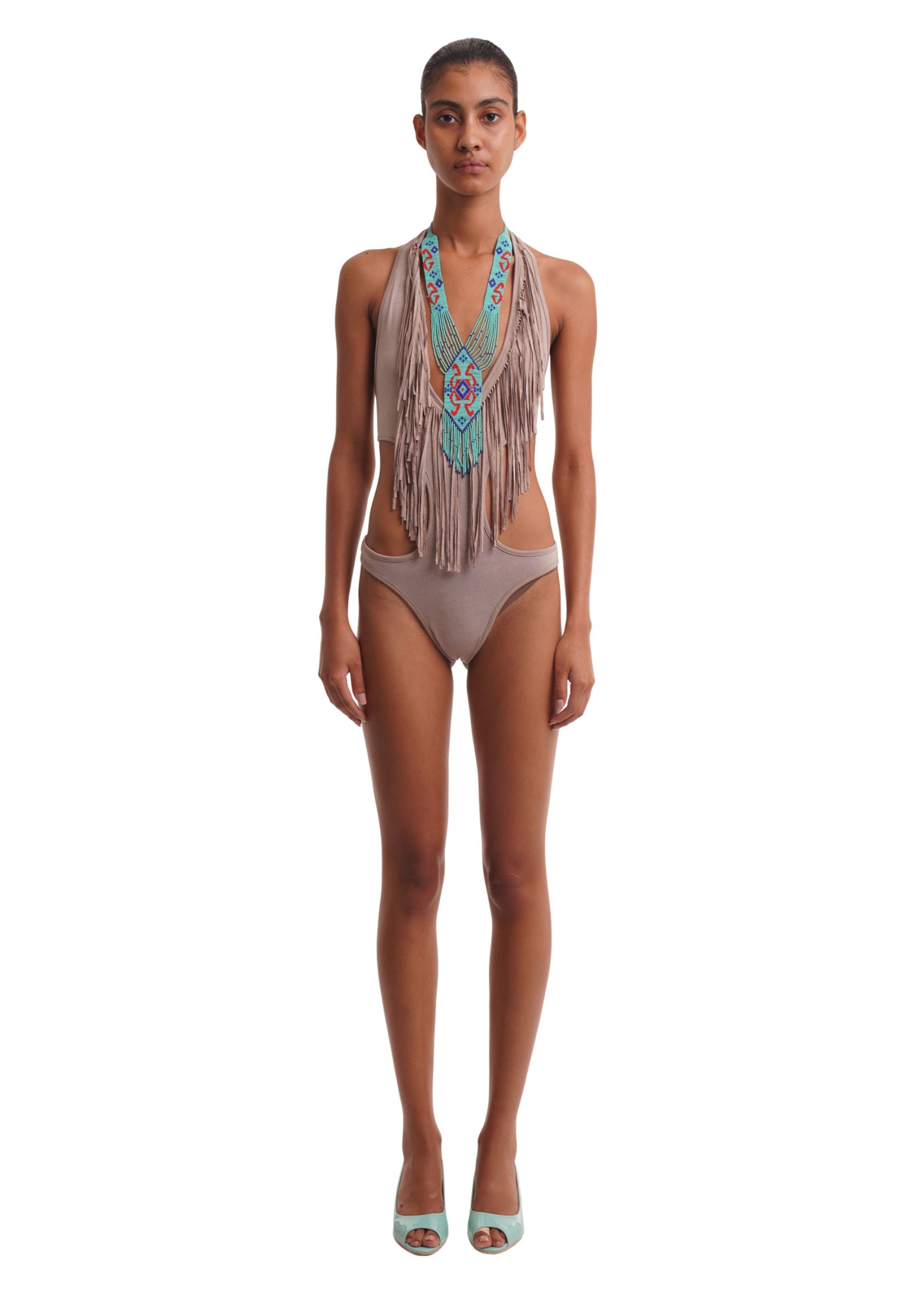 FRINGE BODYSUIT IN SAND