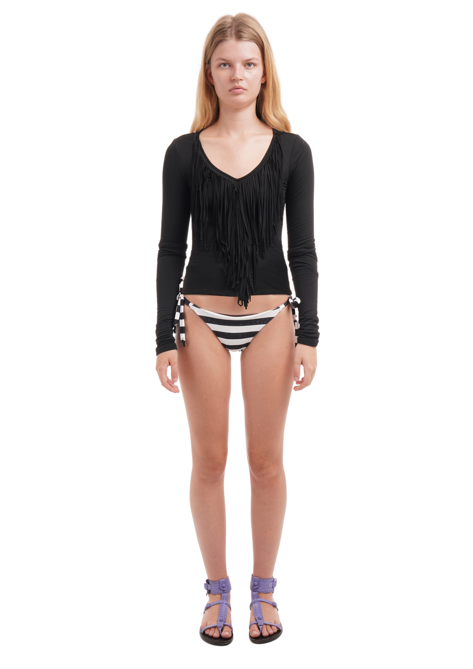 FRINGE LONG-SLEEVE 'V' NECK TOP