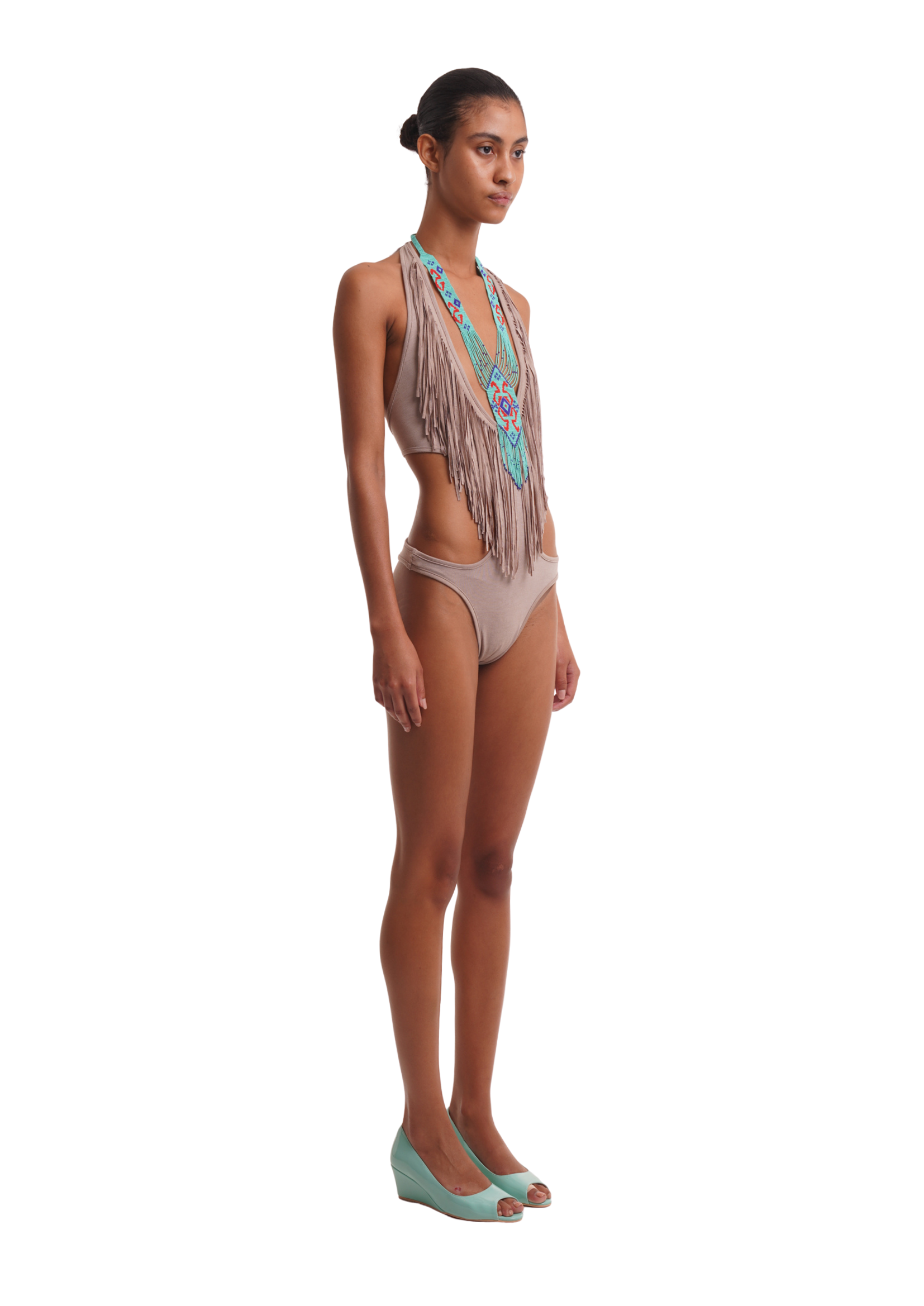 FRINGE BODYSUIT IN SAND