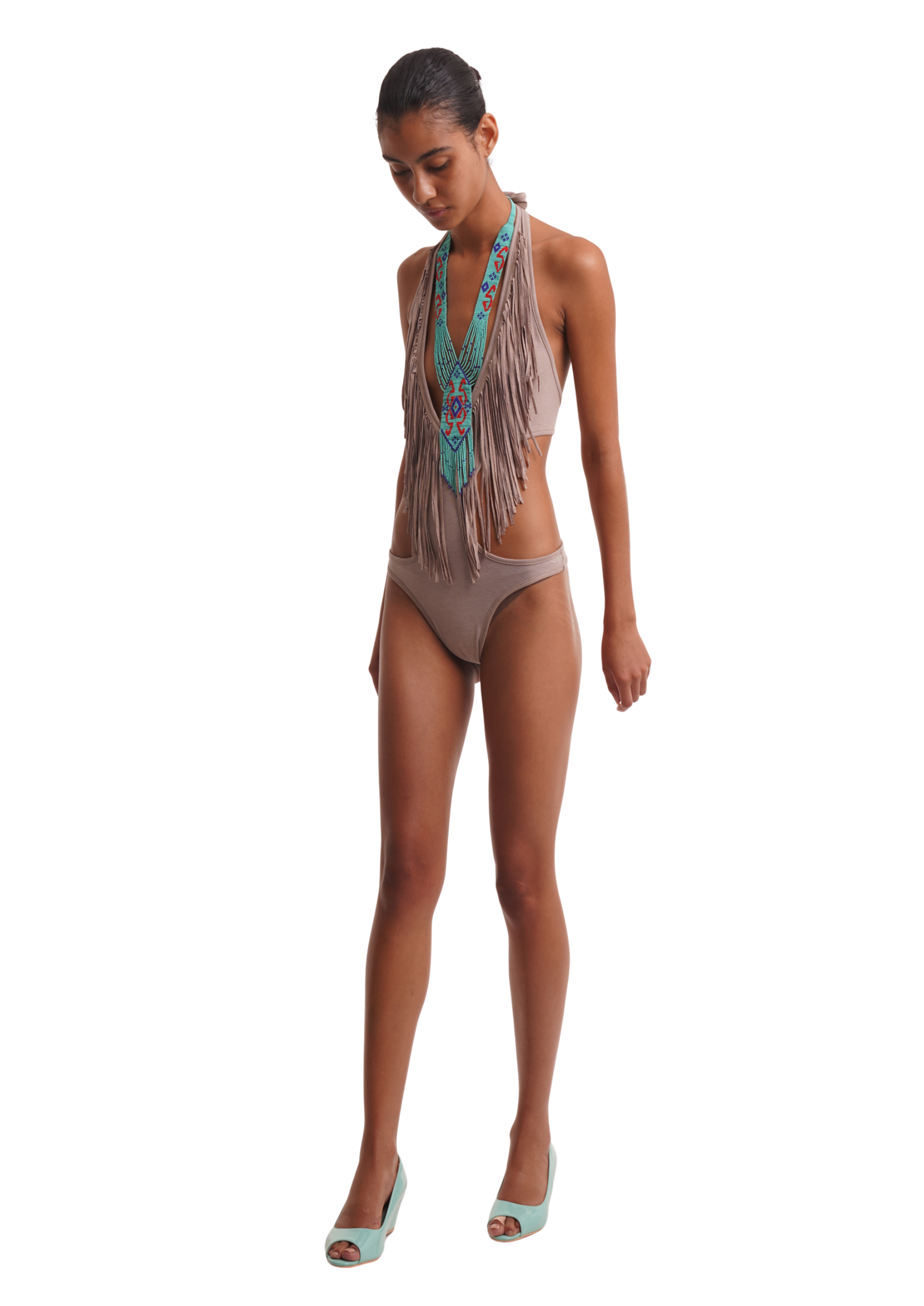 FRINGE BODYSUIT IN SAND