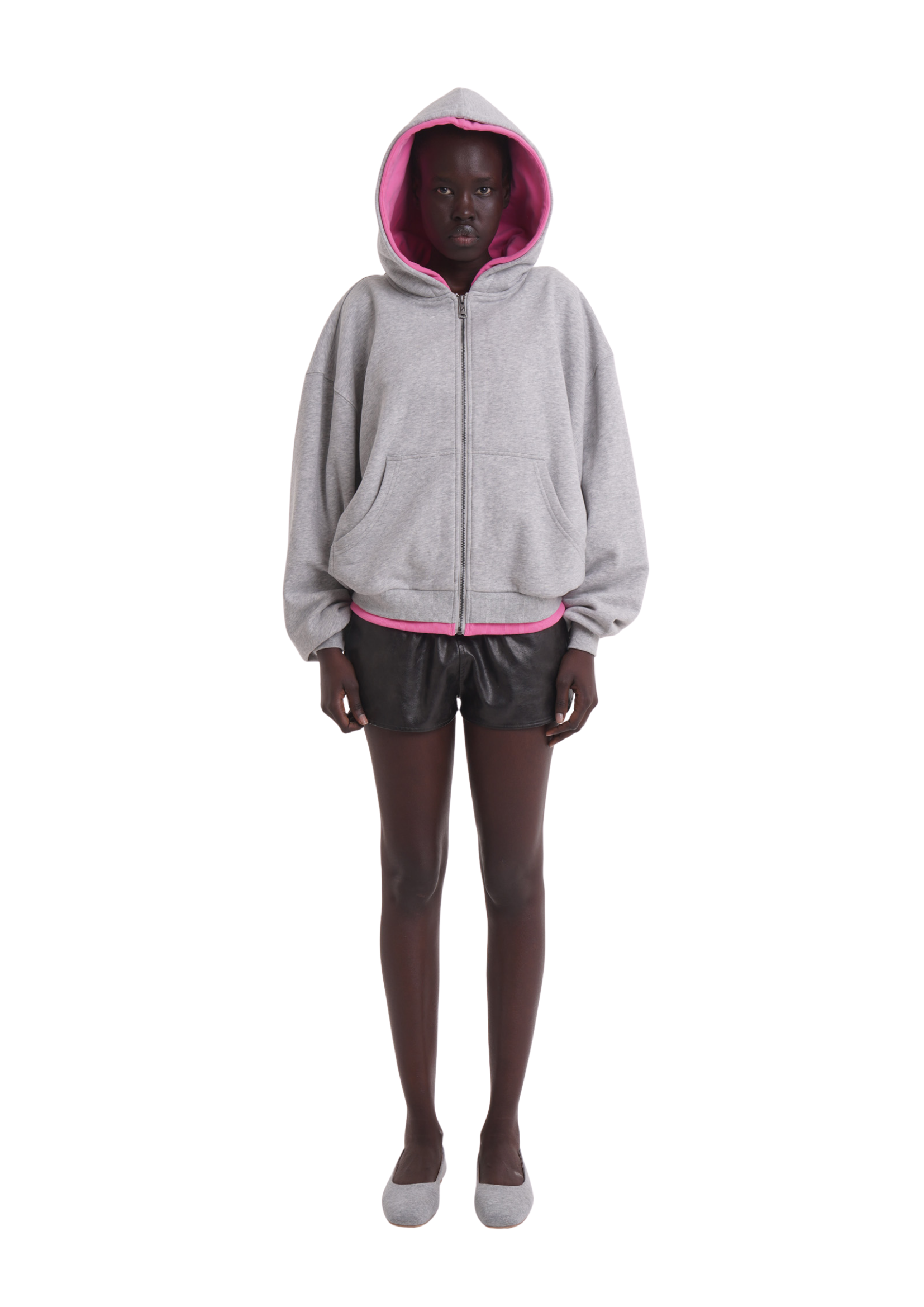 LAYERED ZIP UP HOODIE IN GREY & PINK