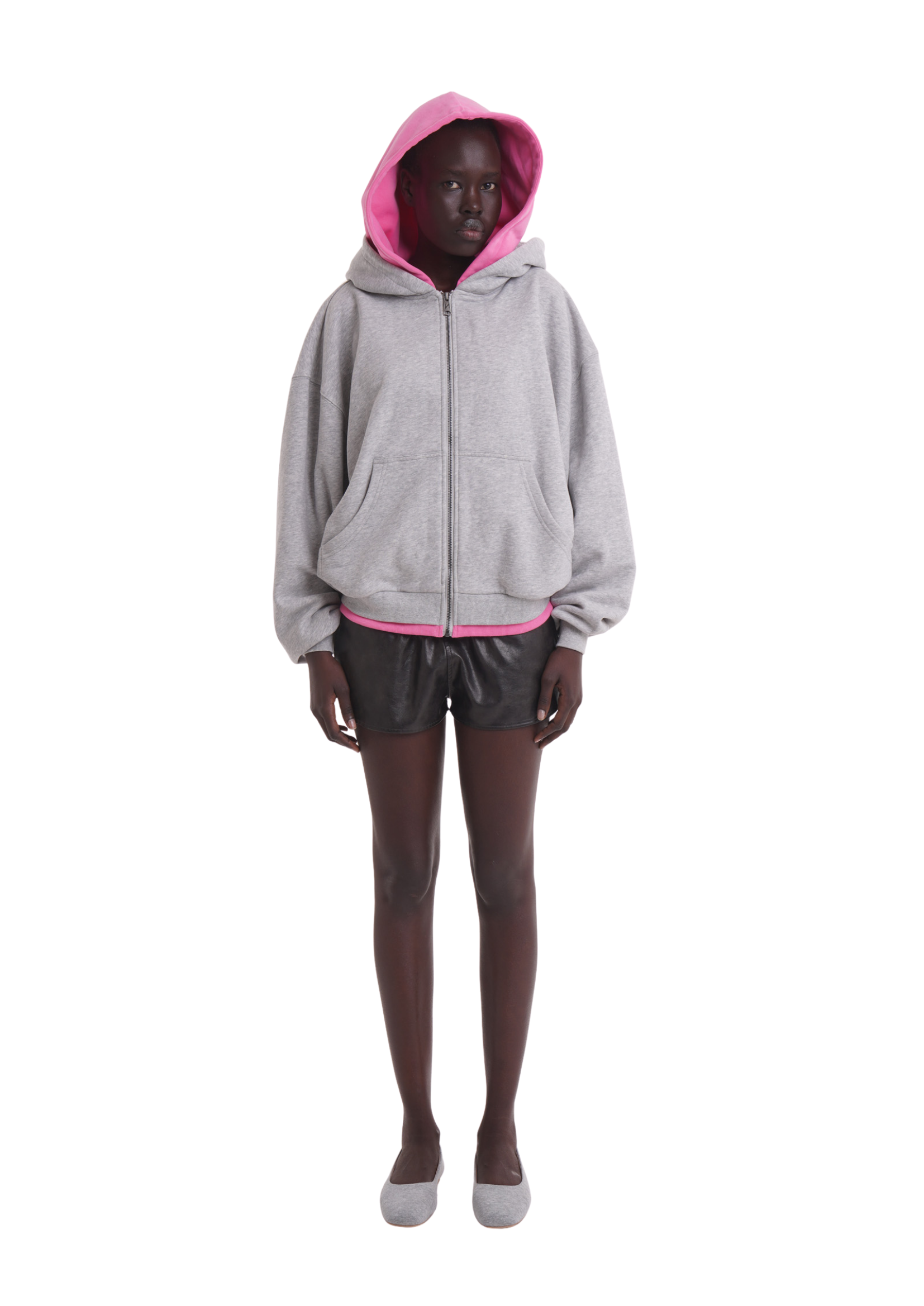 LAYERED ZIP UP HOODIE IN GREY & PINK