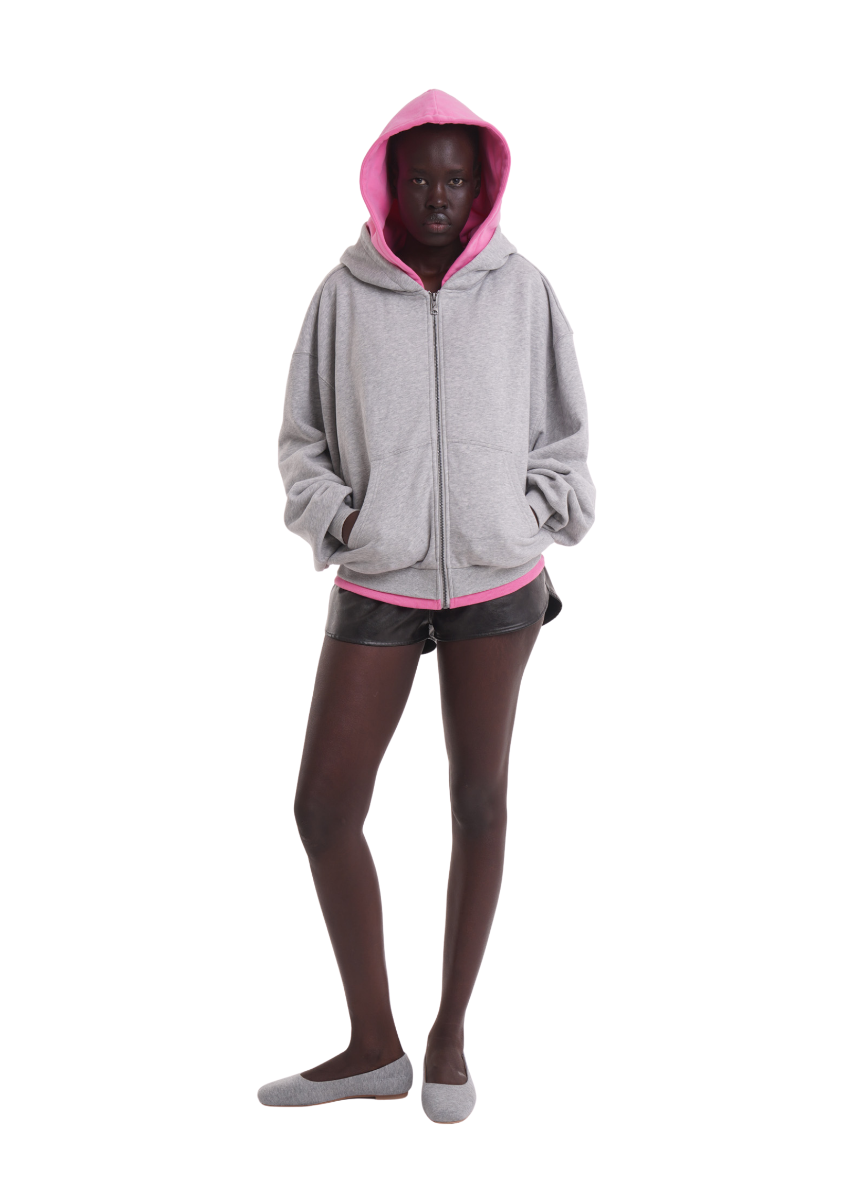LAYERED ZIP UP HOODIE IN GREY & PINK