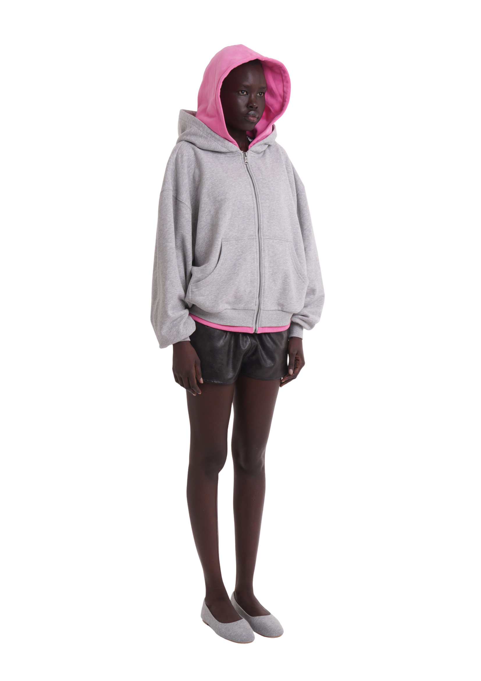 LAYERED ZIP UP HOODIE IN GREY & PINK