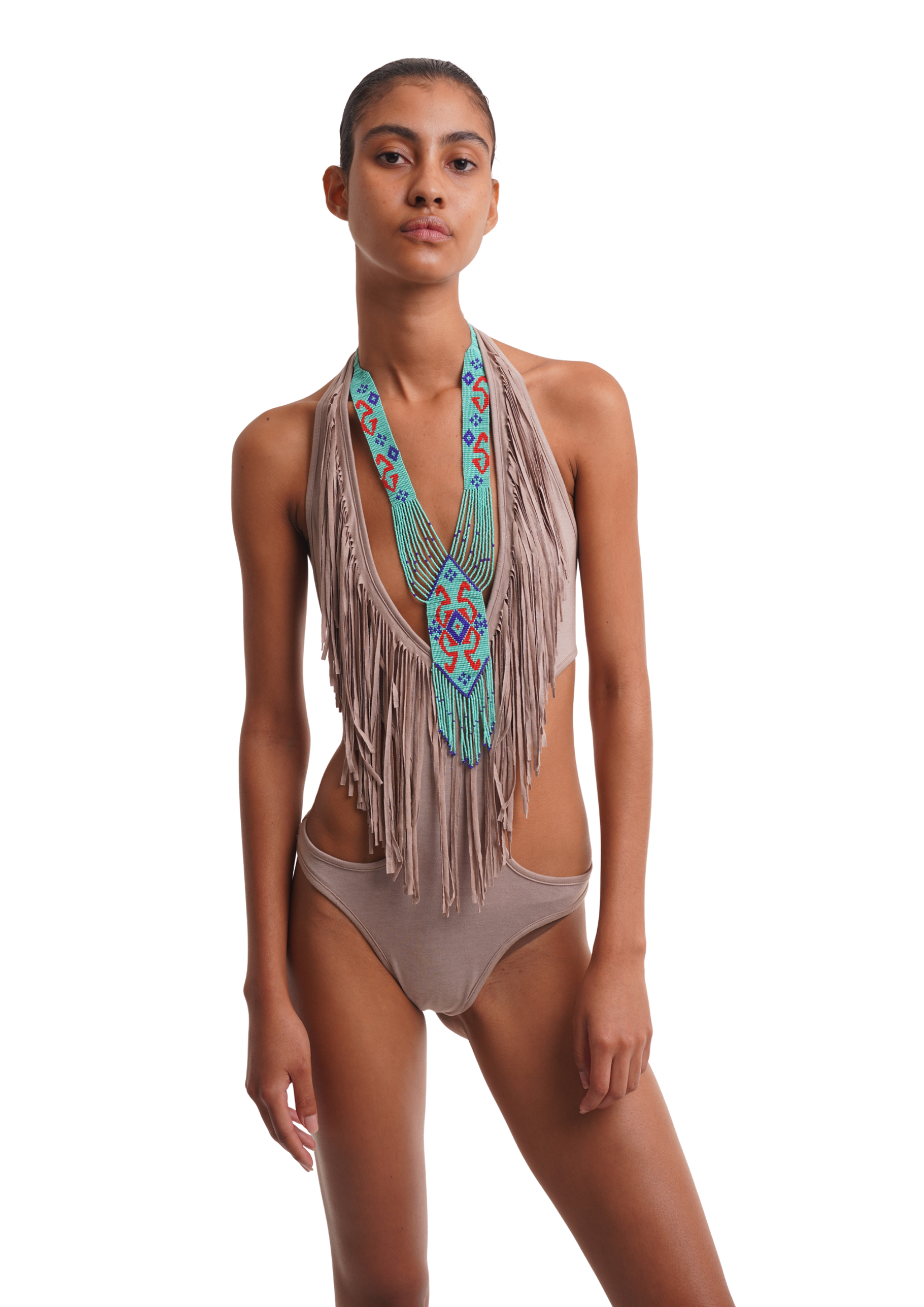 FRINGE BODYSUIT IN SAND