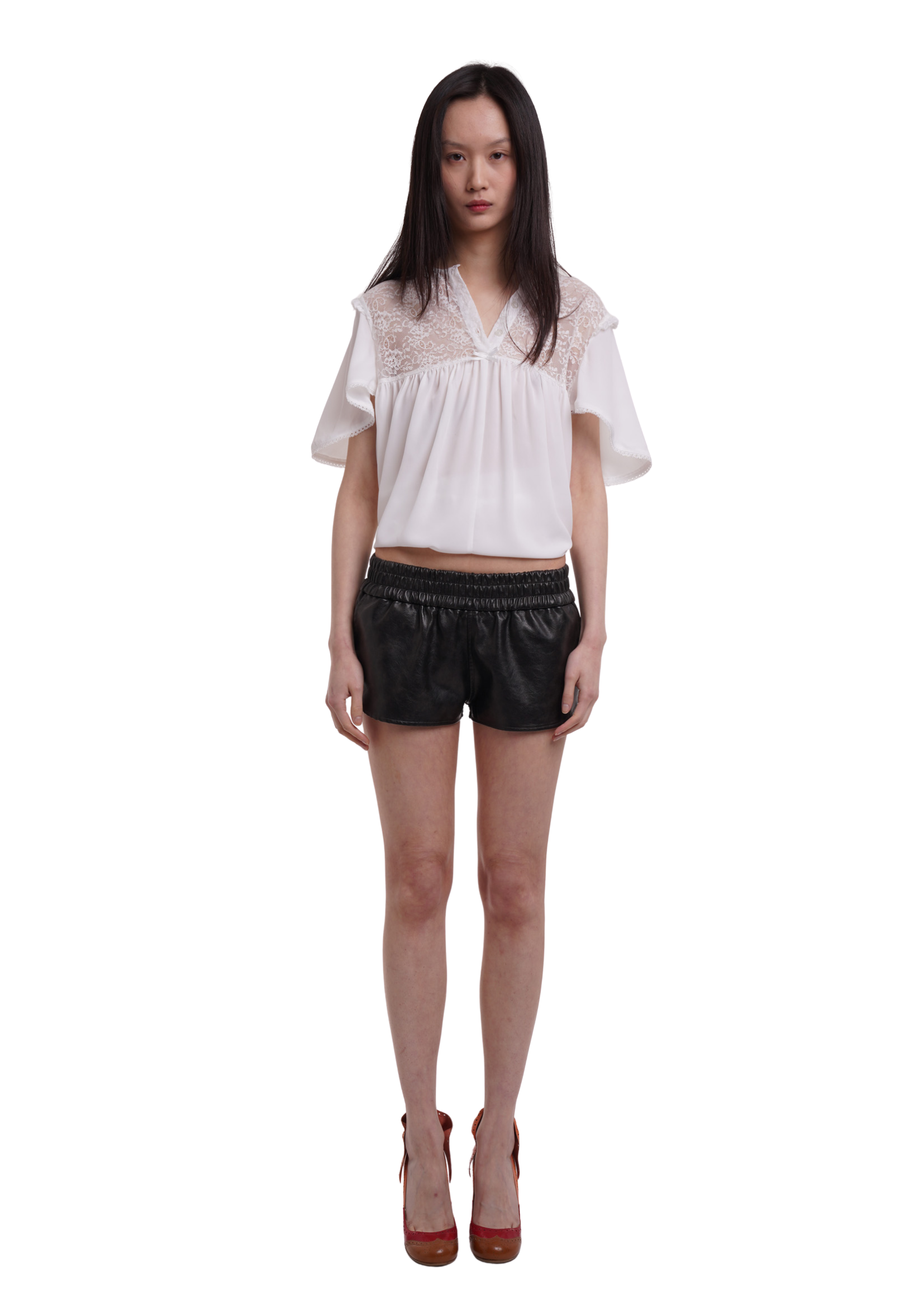 ELASTIC FAUX LEATHER RUNNING SHORTS