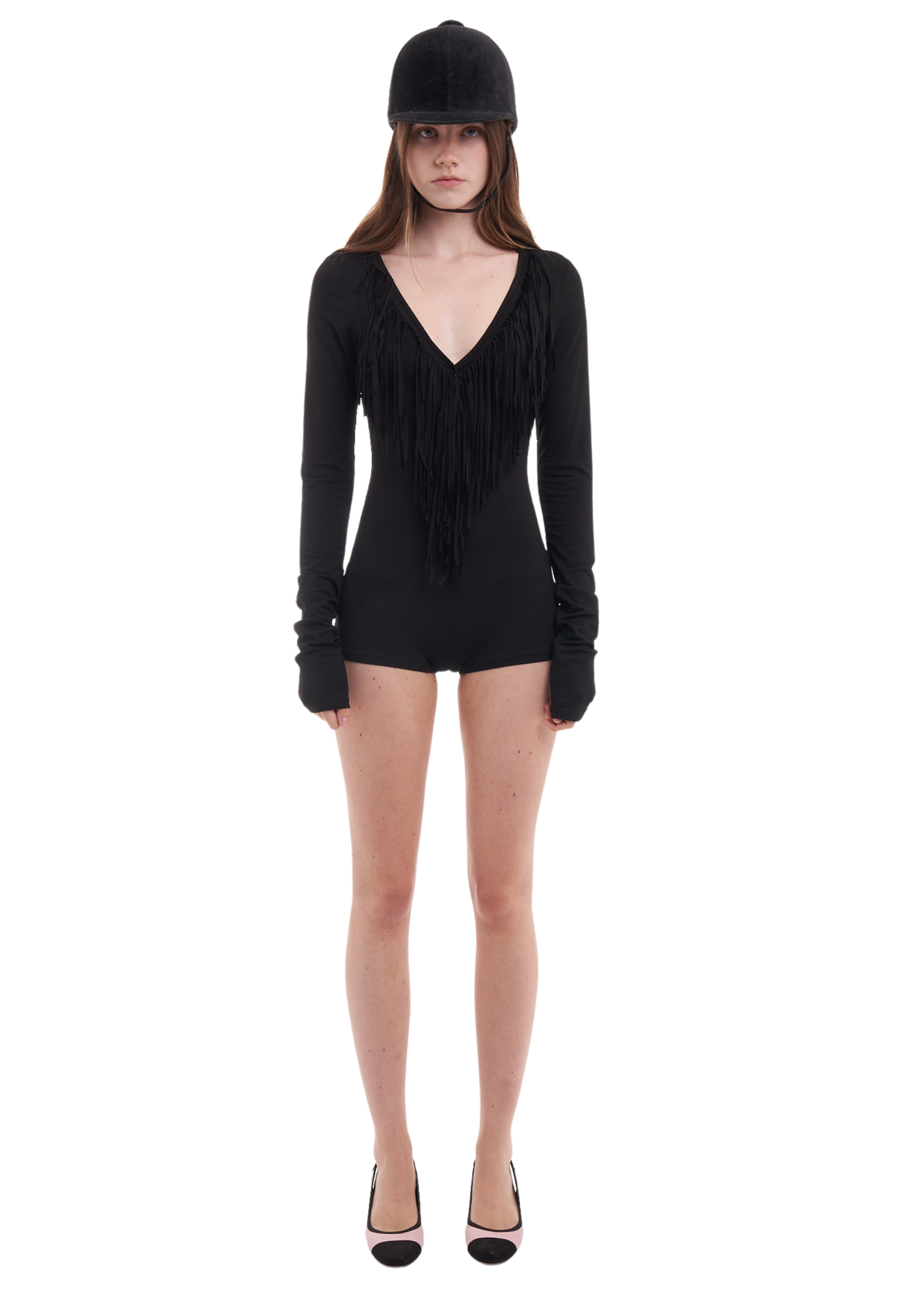 FRINGE LONG-SLEEVE PLAYSUIT IN BLACK