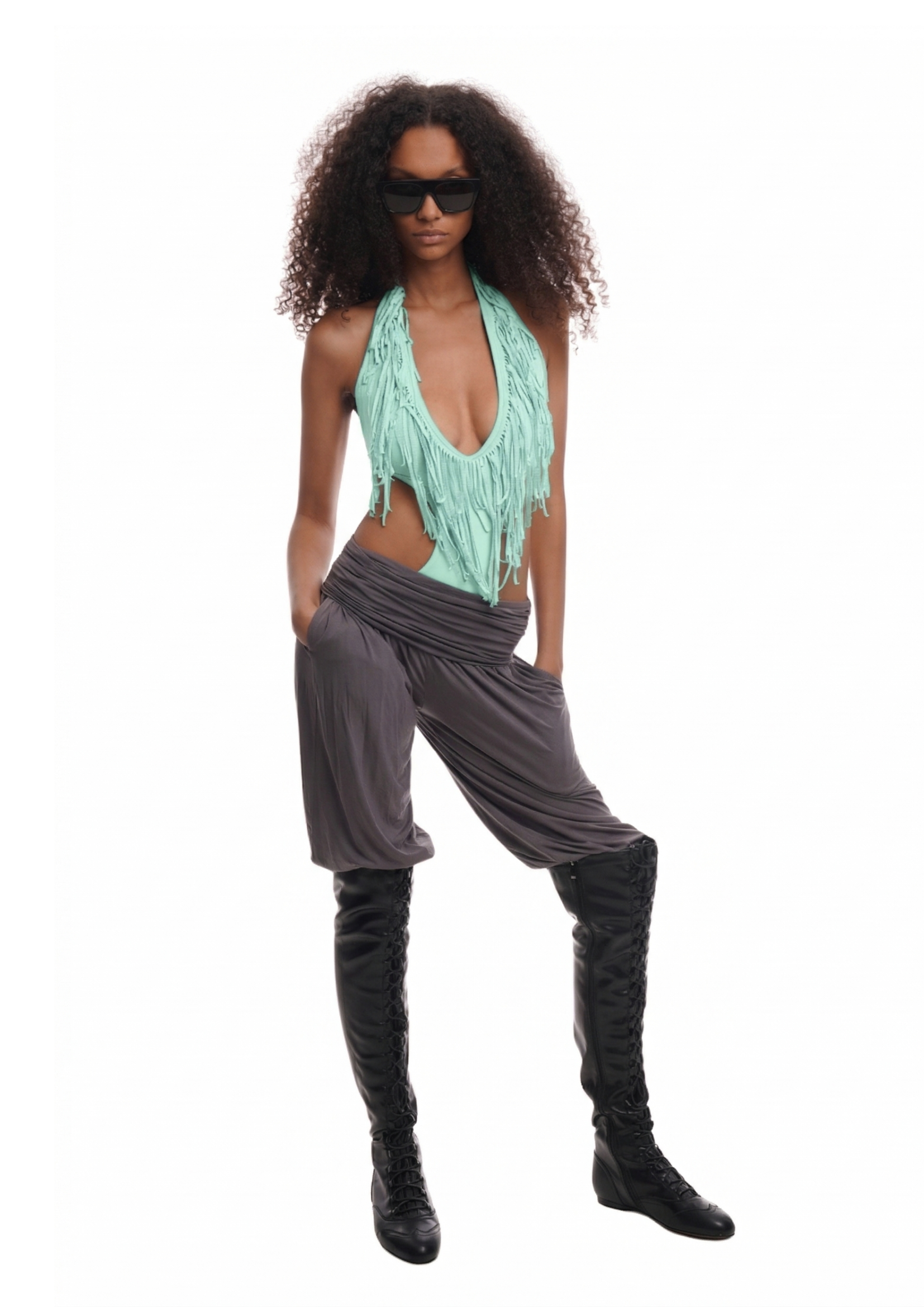 FRINGE BODYSUIT IN ICE