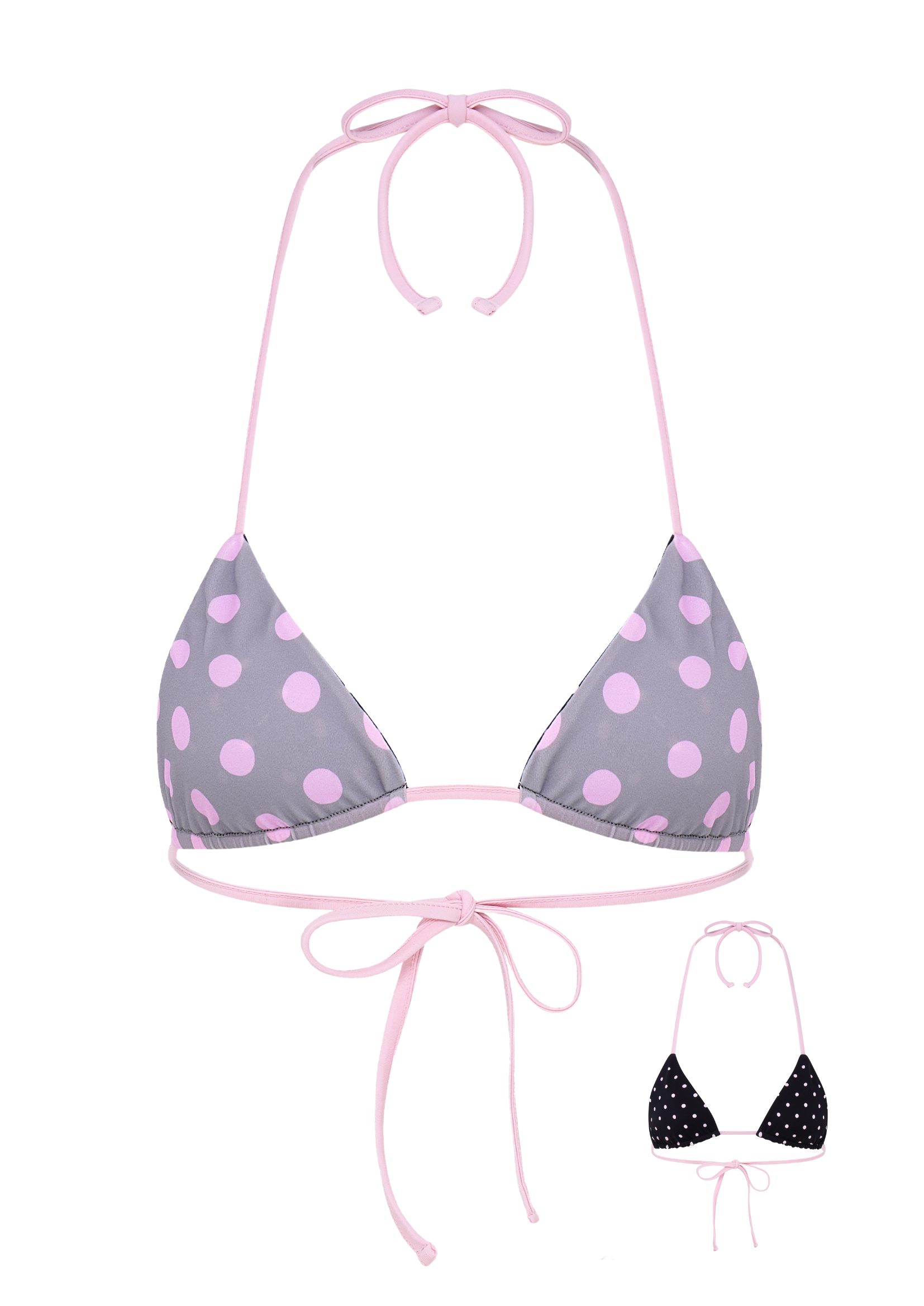 POLKA TRIANGLE BIKINI TOP IN REVERSE GREY, BLACK & PINK