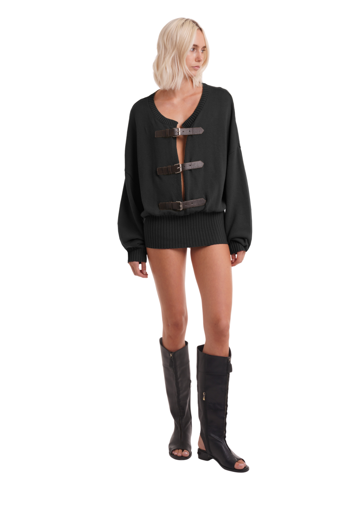 THE BUCKLE CARDIGAN DRESS IN BLACK