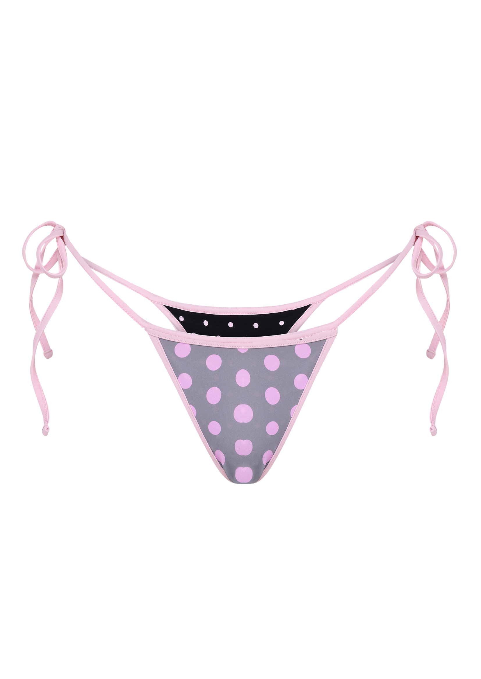 POLKA TRIANGLE BIKINI THONG IN REVERSE GREY, BLACK & PINK
