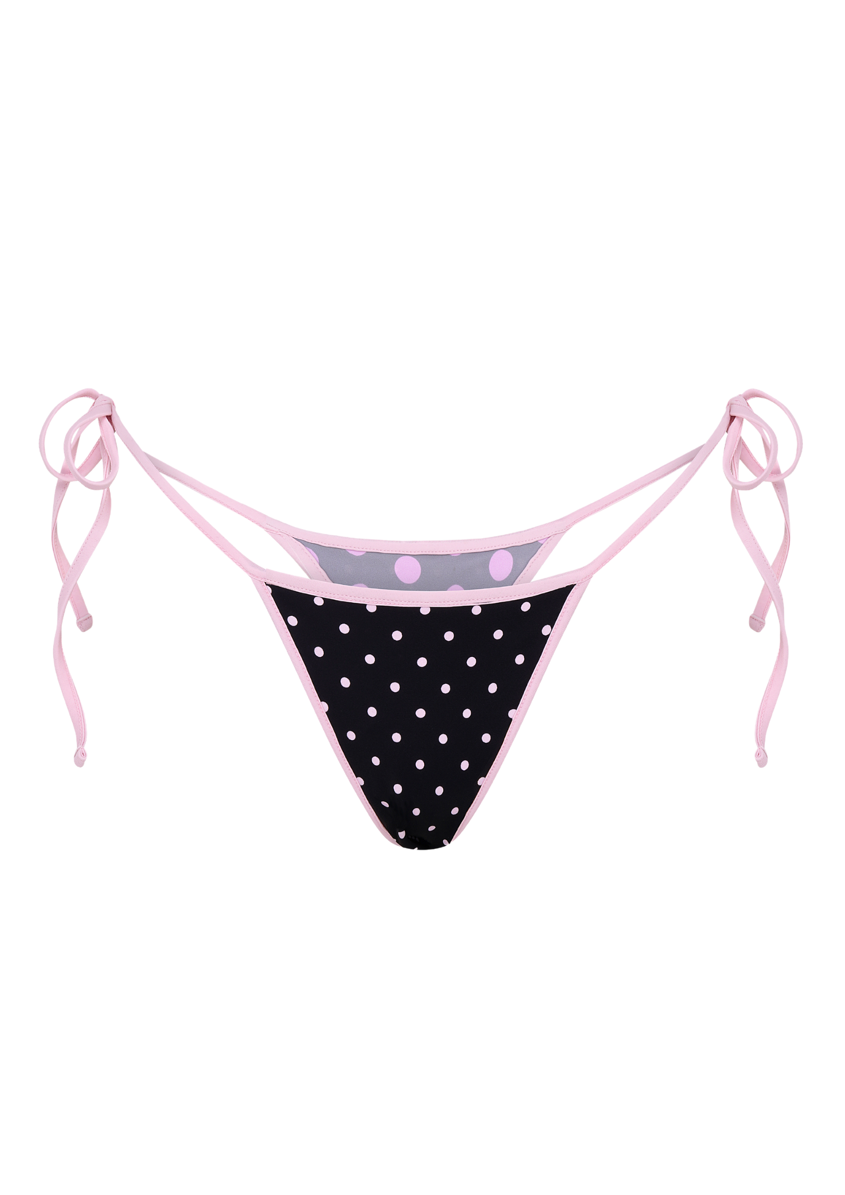 POLKA TRIANGLE BIKINI THONG IN REVERSE GREY, BLACK & PINK