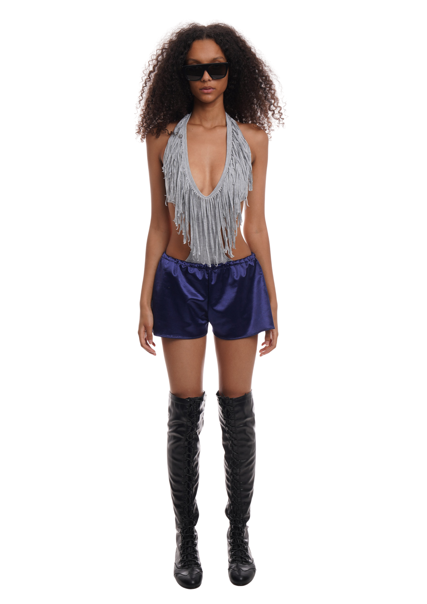 FRINGE BODYSUIT IN GREY MARL