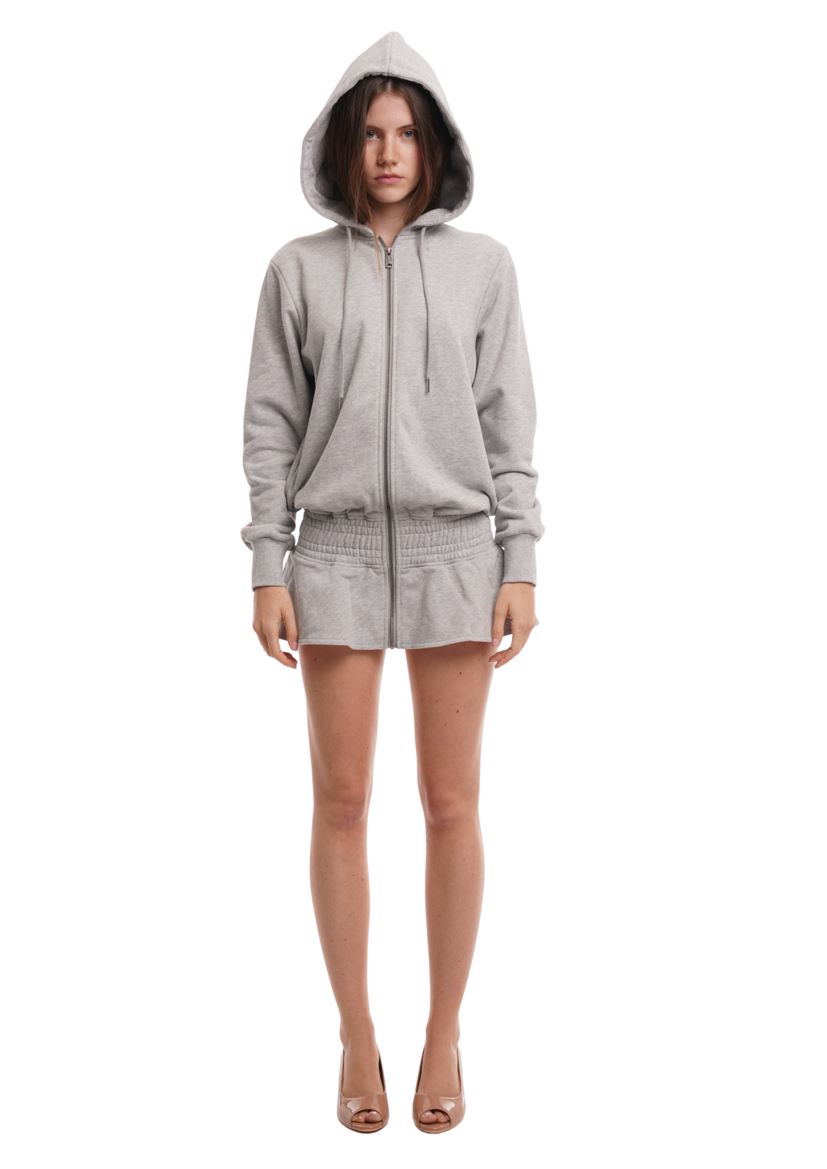 THE FRILLED HOODIE DRESS IN GREY MARL