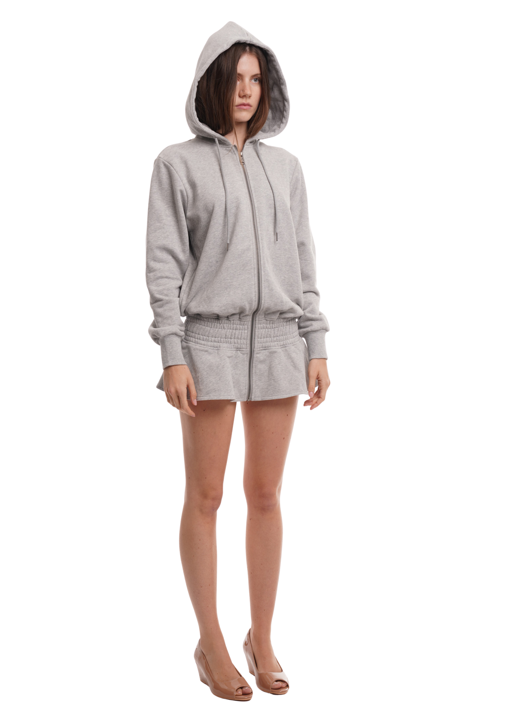 THE FRILLED HOODIE DRESS IN GREY MARL